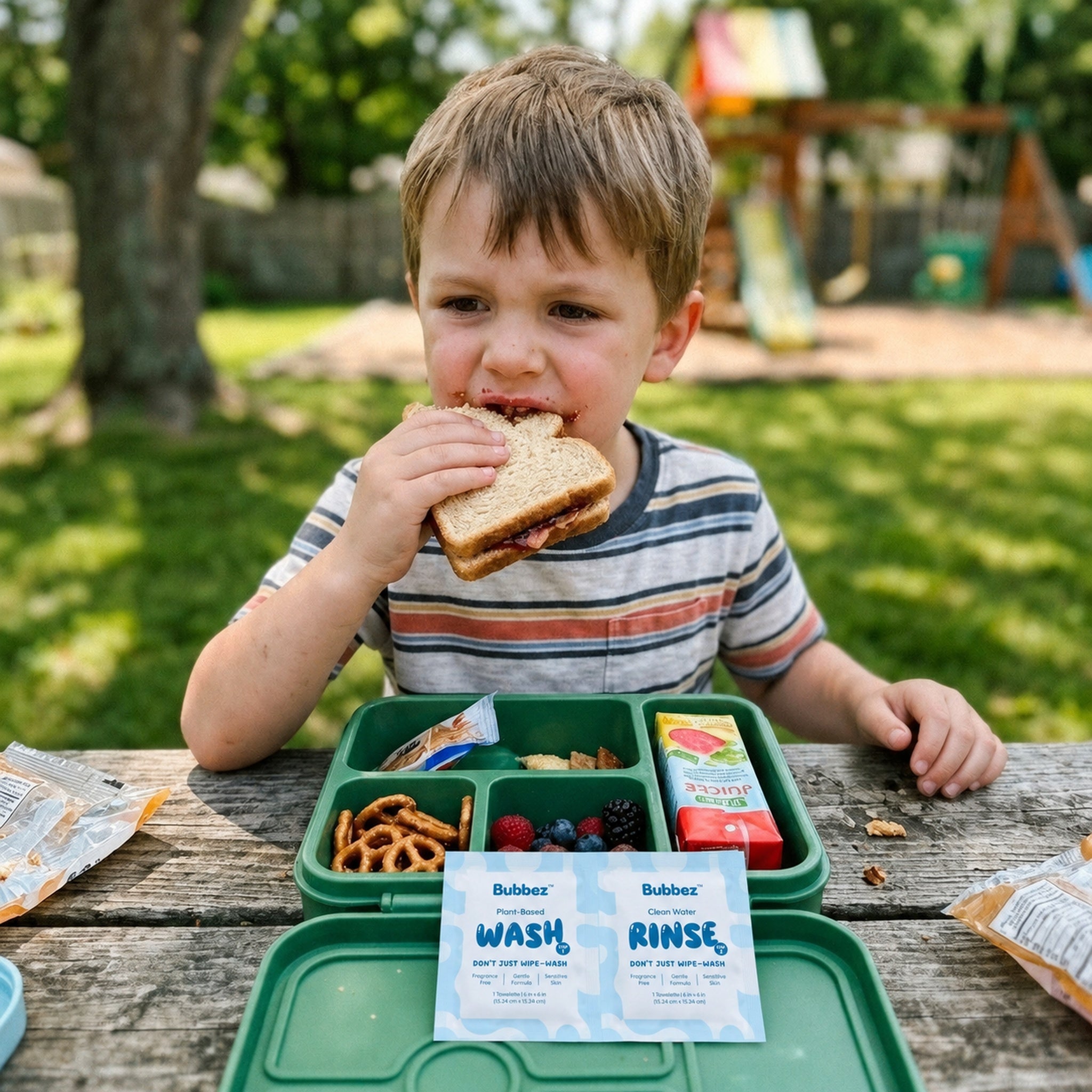 Young child eating lunch at an outdoor picnic table