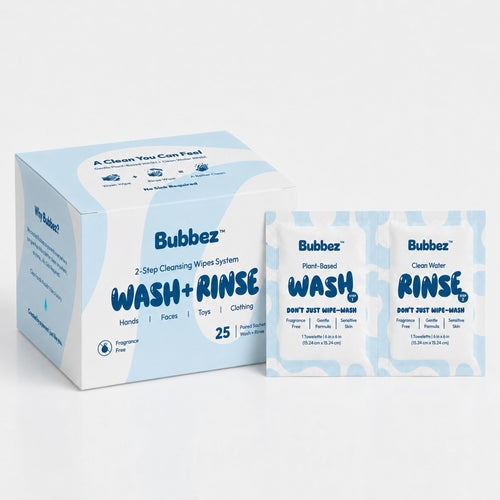 Bubbez 25-count retail box with twin WASH+RINSE sachet on white background