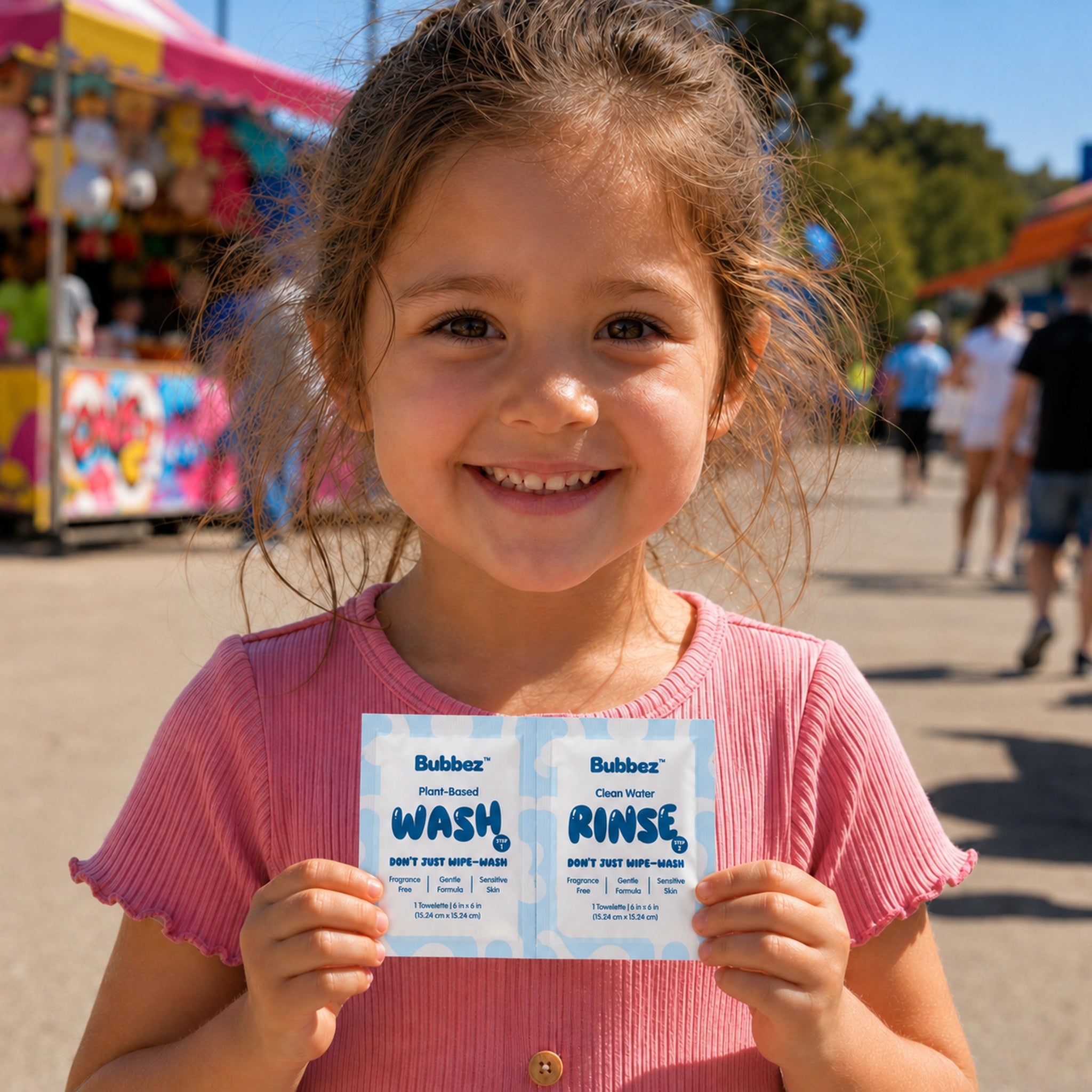 Young girl at a carnival holding a Bubbez twin sachet