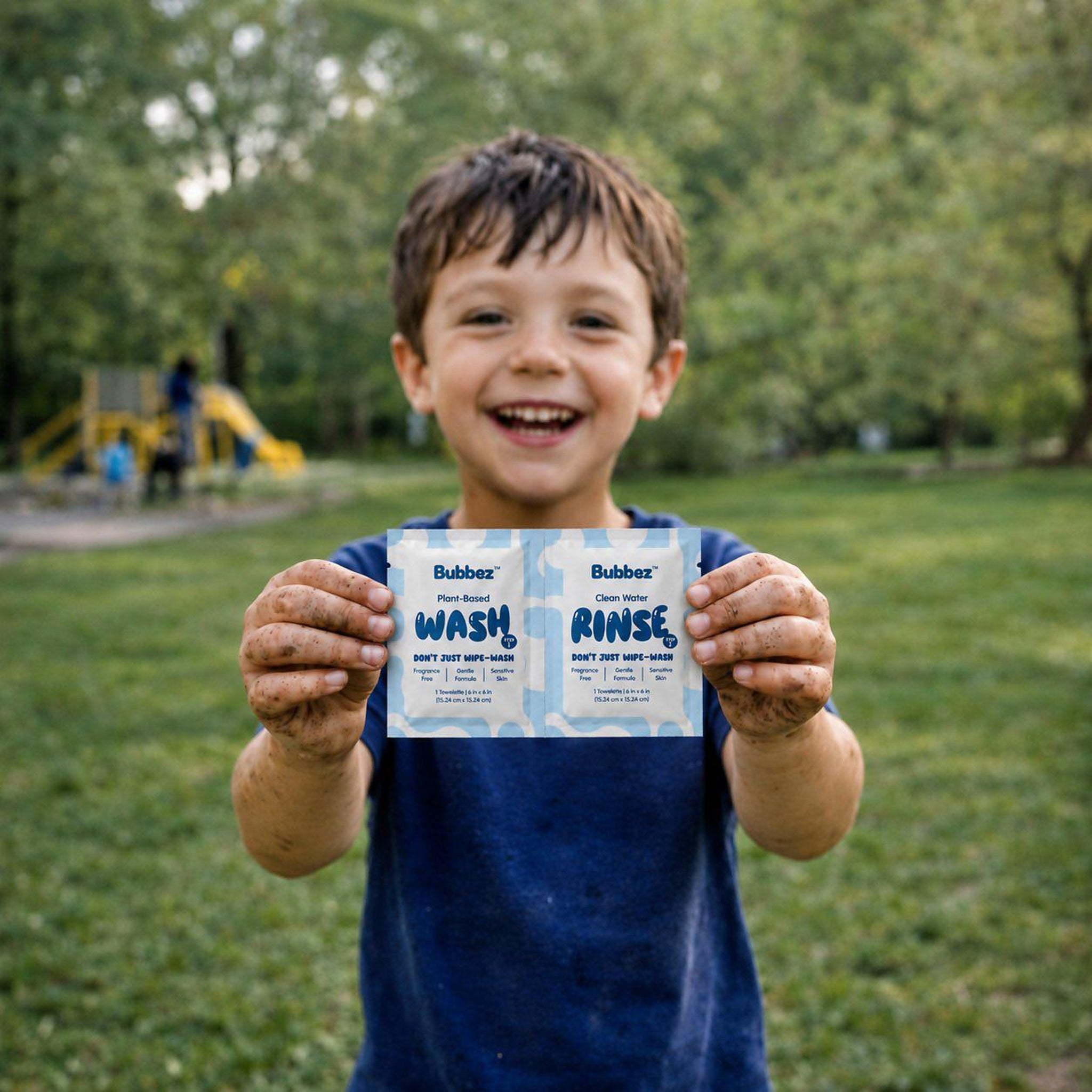 Young boy holding a Bubbez twin sachet outdoors