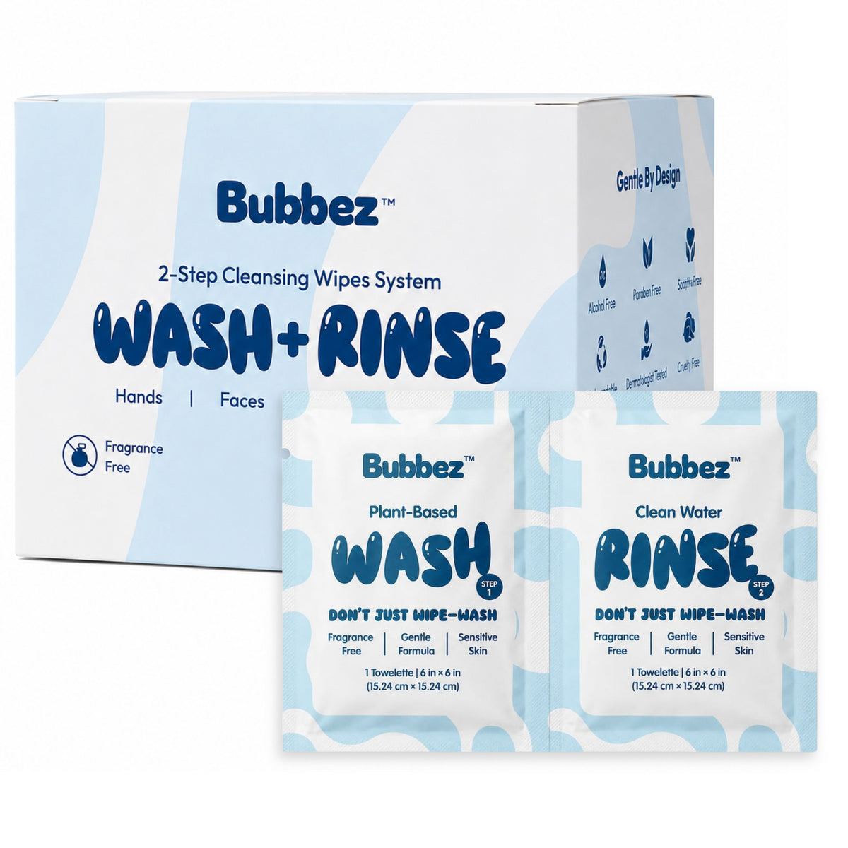 Bubbez 2-Step Wash + Rinse facial cleansing wipes. The 25 count retail box with a WASH and RINSE twin sachet laid flat in front of it on a plain white background.