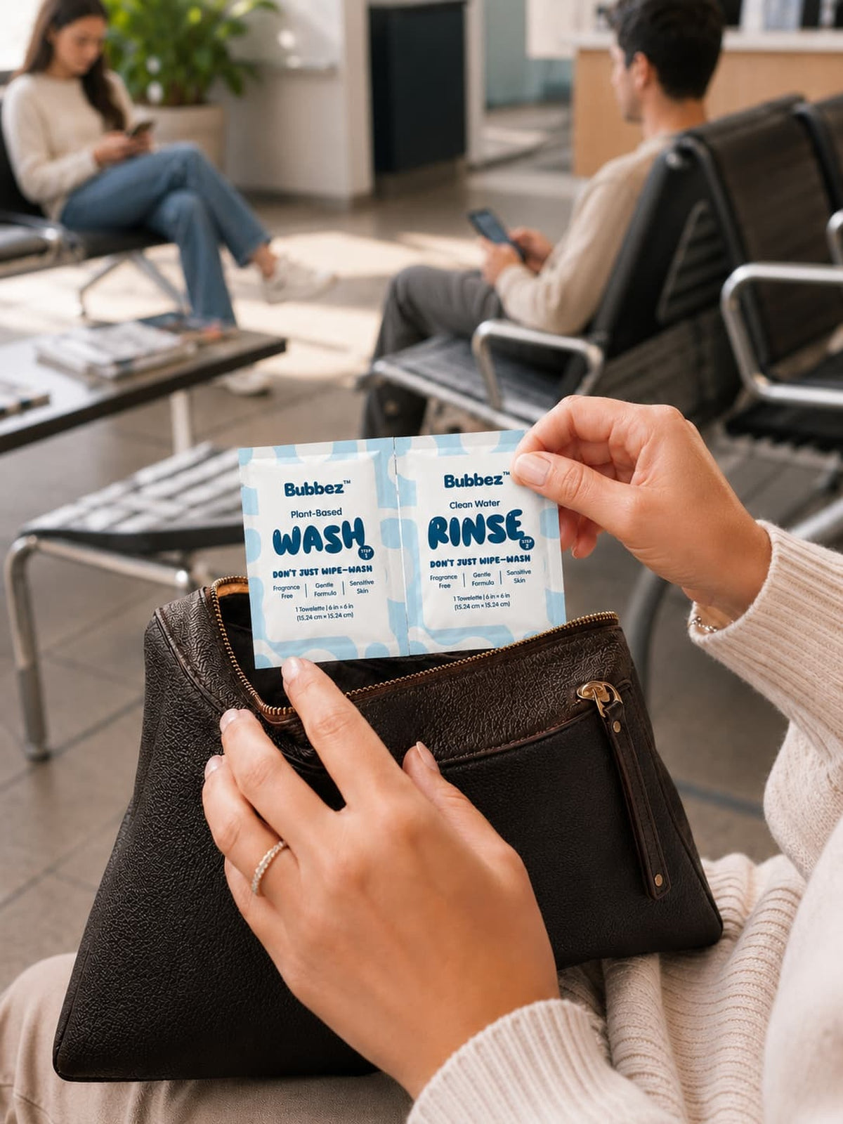 Woman pulling a Bubbez WASH+RINSE twin sachet out of her purse