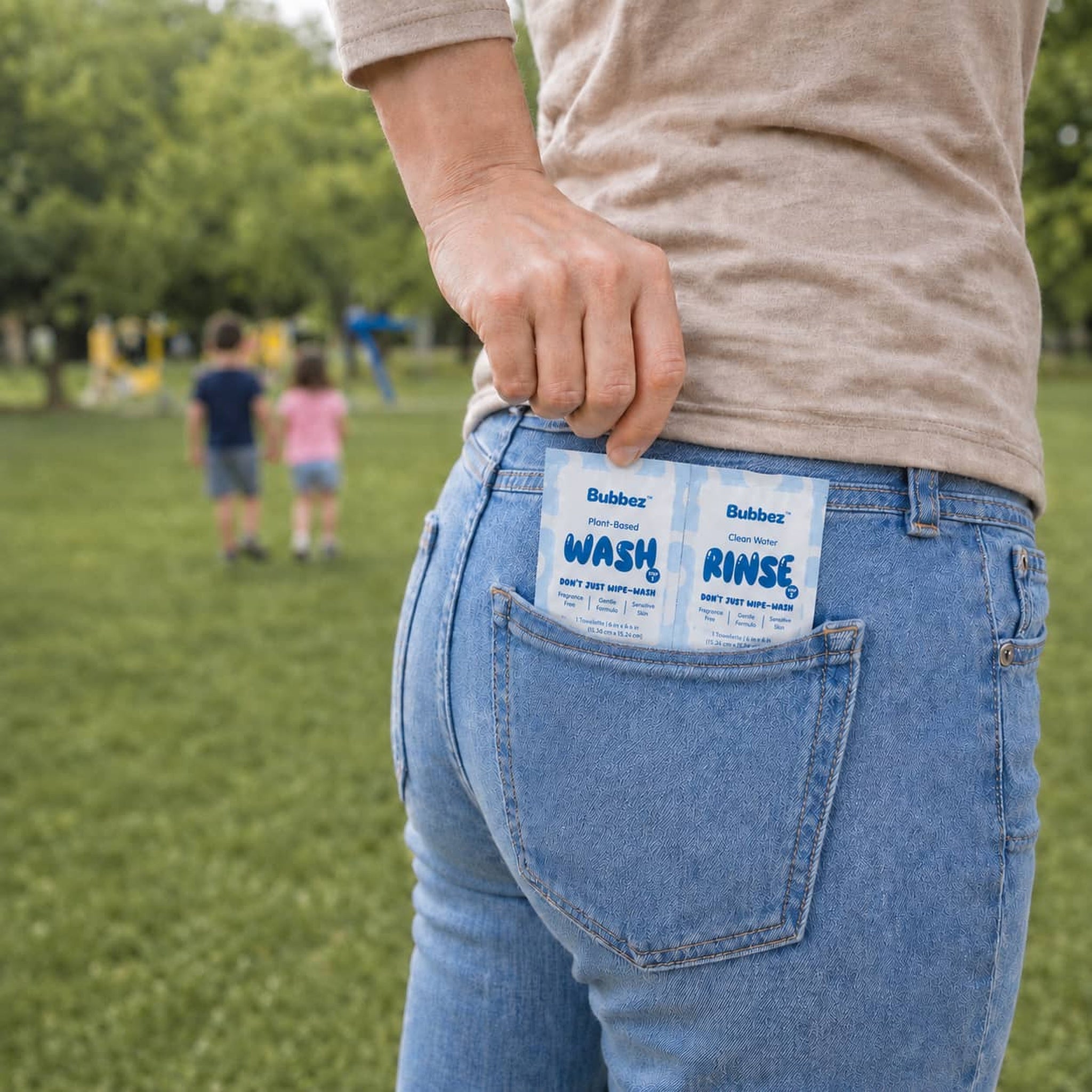 Bubbez twin sachet tucked into a woman's back jeans pocket