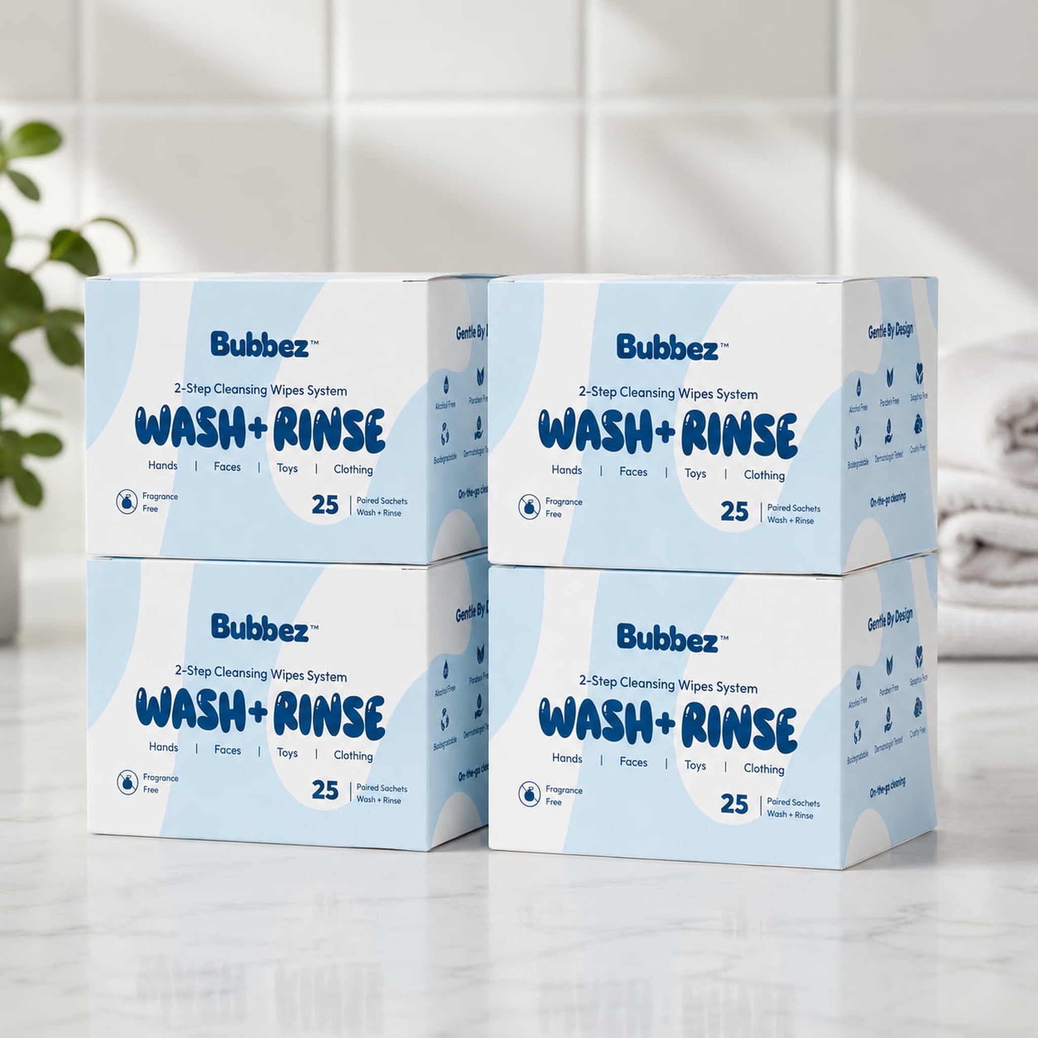 Four Bubbez 25-count retail boxes displayed together on a countertop
