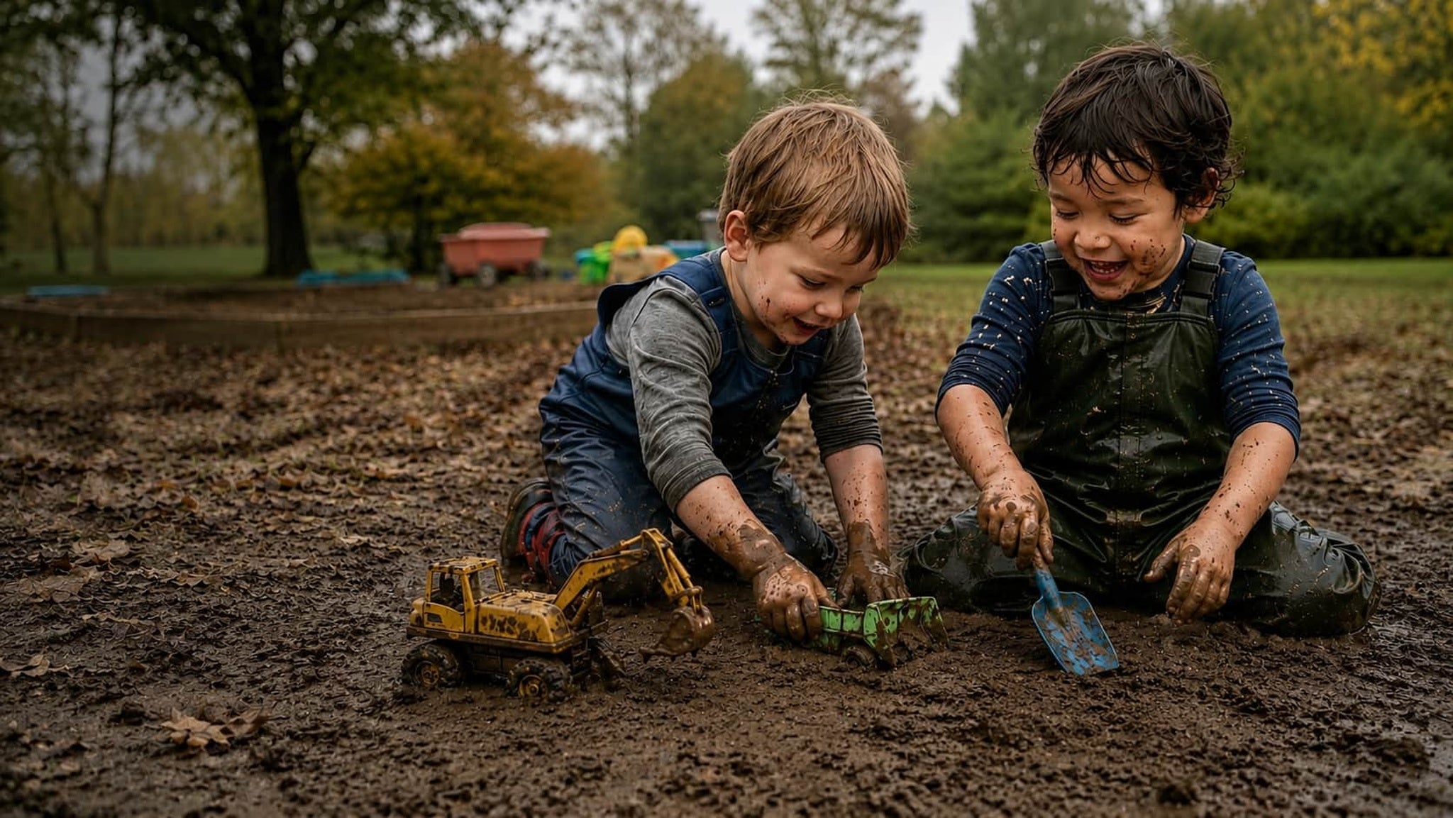 Two boys in rain boots playing in mud at a park, wide shot