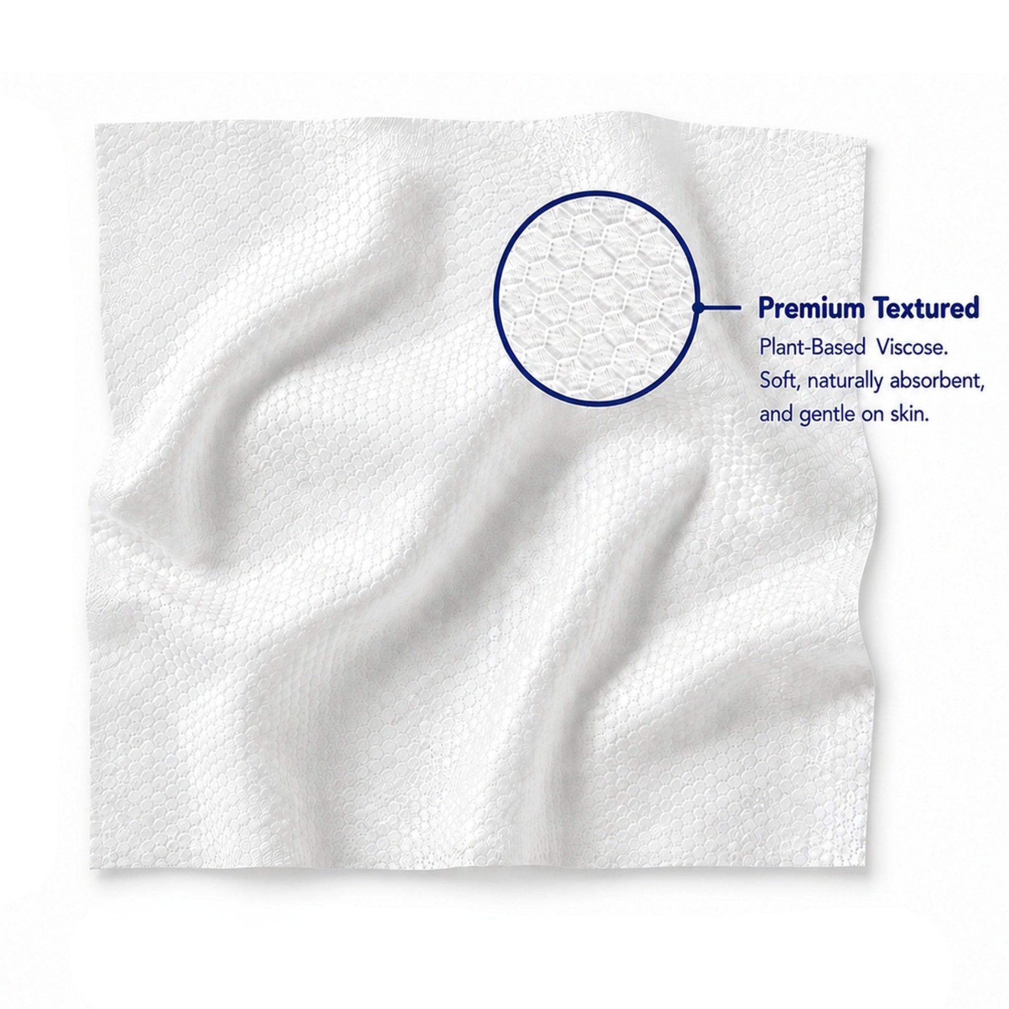 Close-up of Bubbez white fabric with text highlighting premium textured plant-based viscose.