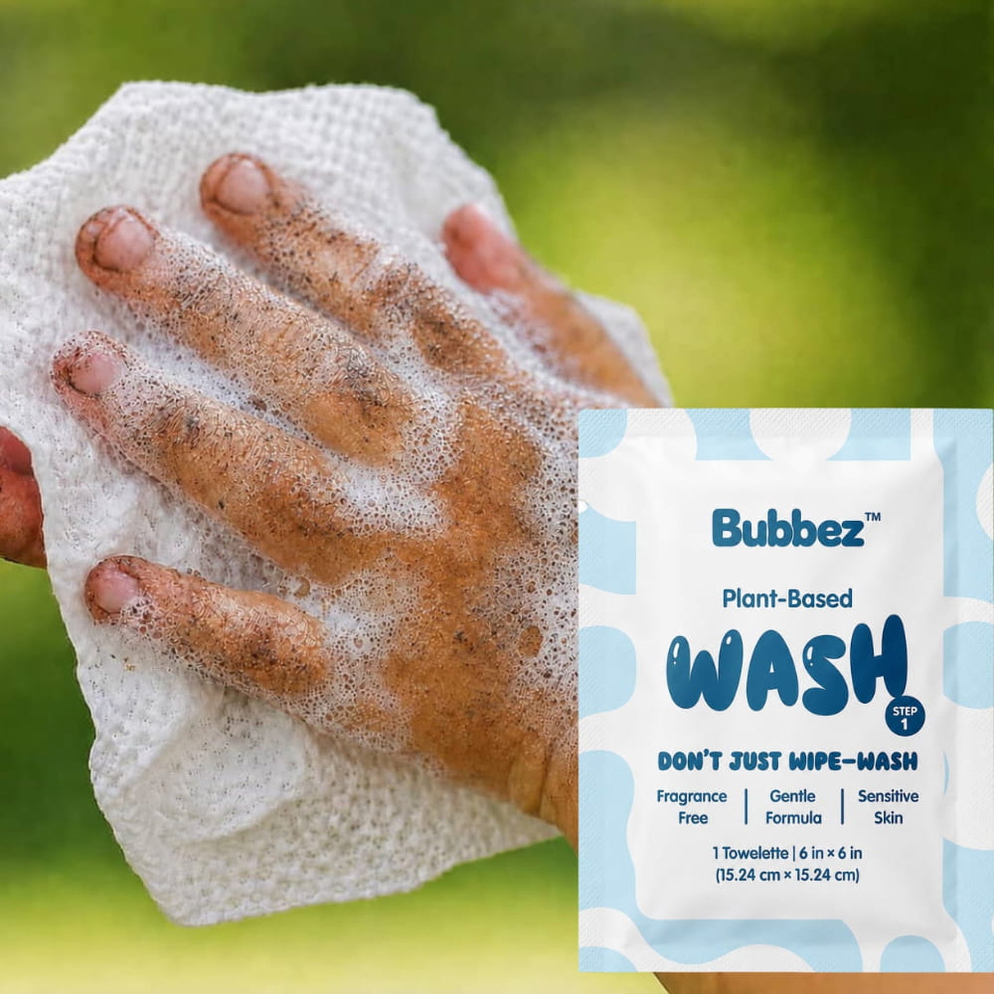 Bubbez WASH wipe displayed next to its sachet packaging
