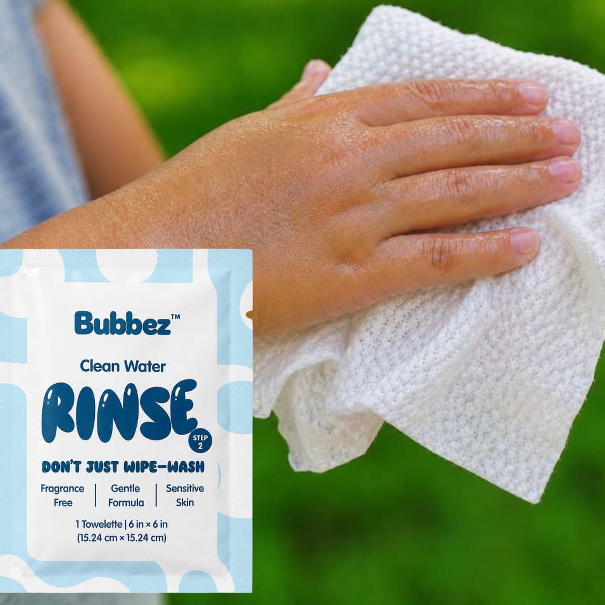 Bubbez RINSE wipe displayed alongside its sachet packaging
