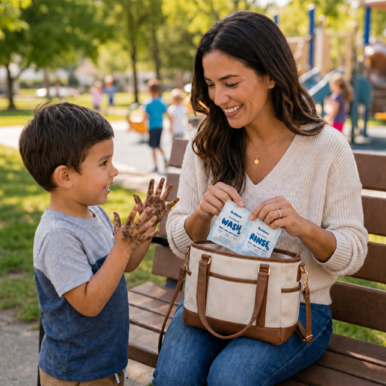 woman and child outside with a package of Bubbez Wash and Rinse wet wipes
