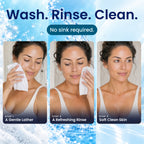 Three step facial cleansing sequence. A woman works up a gentle lather with the Bubbez WASH wipe, then uses the RINSE wipe, then faces the camera. Headline reads Wash. Rinse. Clean, with a teal No sink required pill. Steps labelled A Gentle Lather, A Refreshing Rinse and Soft Clean Skin.