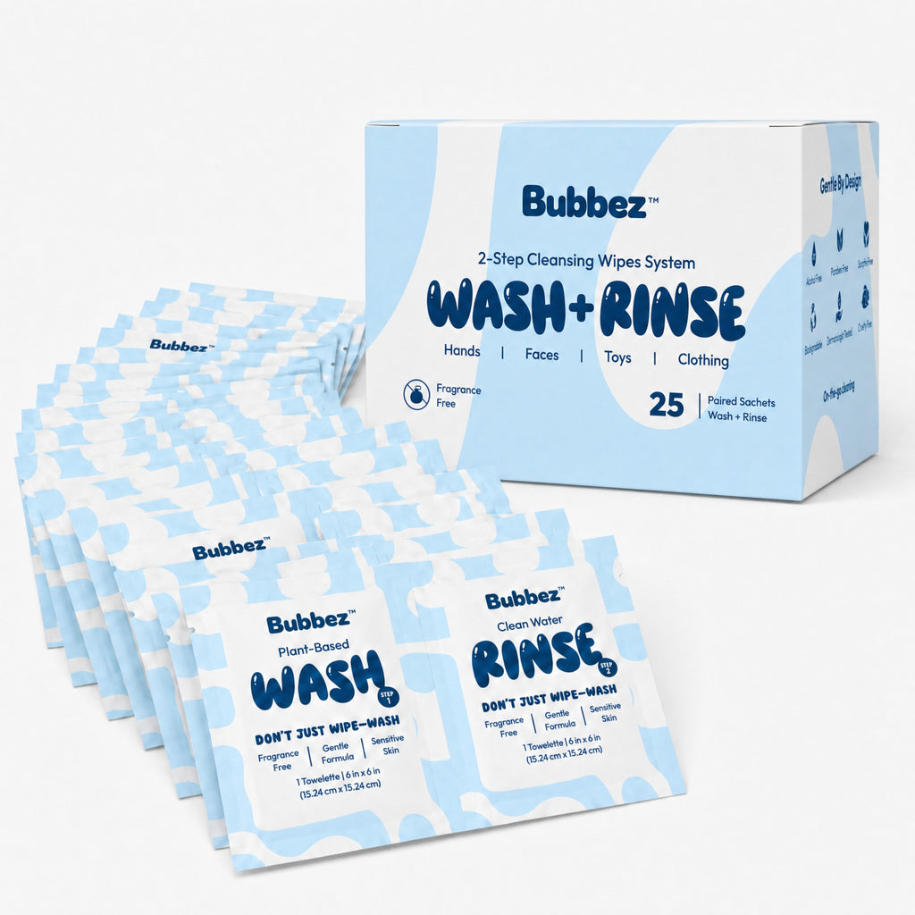 Bubbez 2-Step WASH and RINSE Cleansing Wipes System box and individual packet packs on a clean white background.