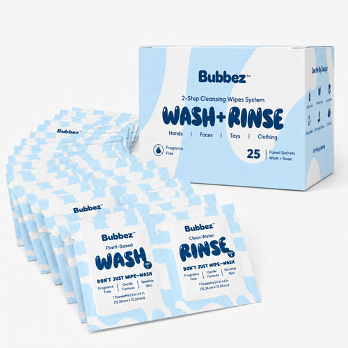 Bubbez 2-Step WASH and RINSE Cleansing Wipes System box and individual packet packs on a clean white background.