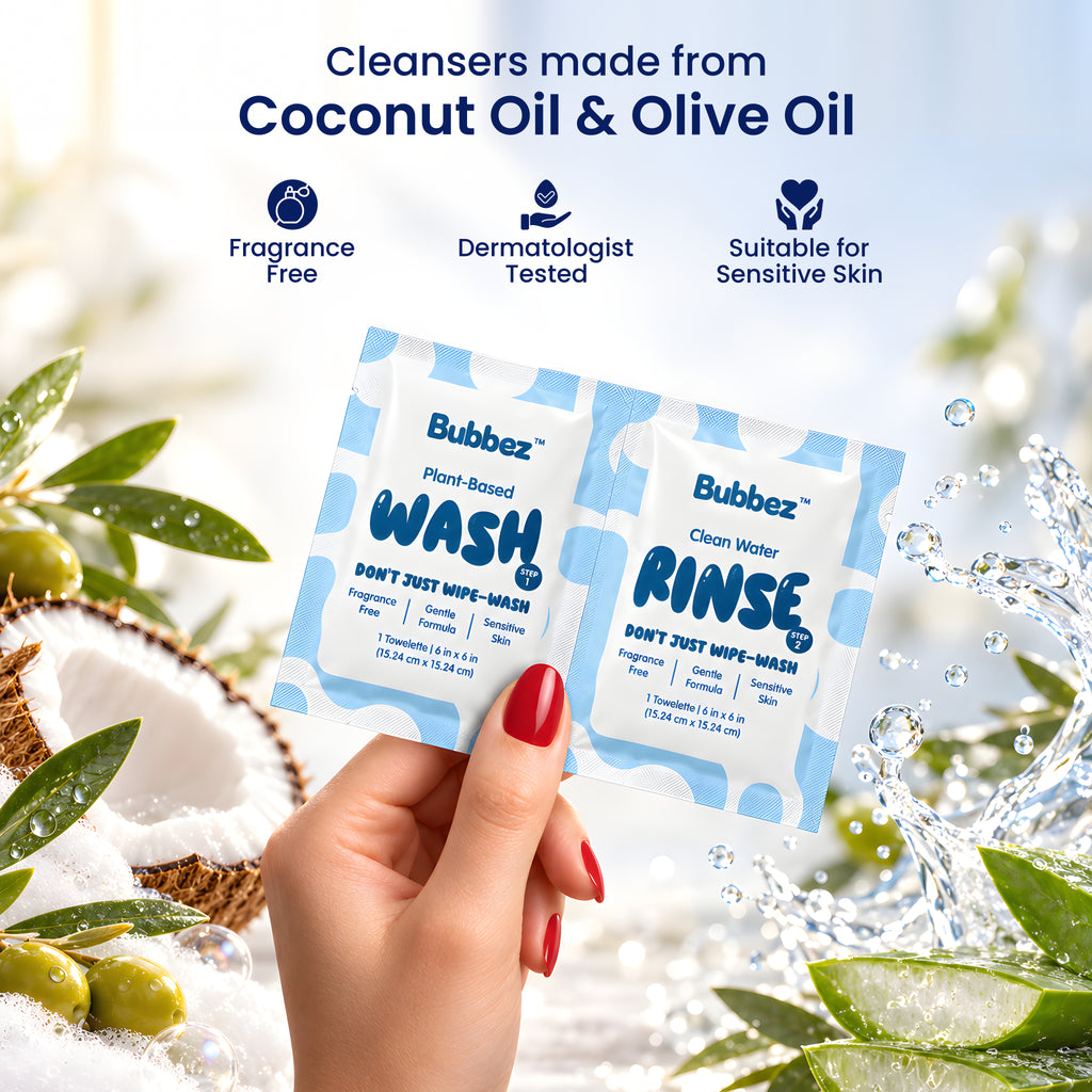 A hand holds an unopened Bubbez WASH and RINSE twin sachet among coconut, olive branches and splashing water. Headline reads Cleansers made from Coconut Oil and Olive Oil, with Fragrance Free, Dermatologist Tested and Suitable for Sensitive Skin icons.
