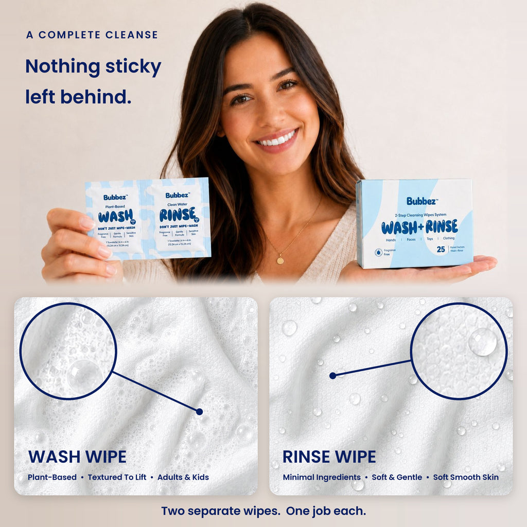 A woman holds a Bubbez WASH and RINSE twin sachet in one hand and the 25 count box in the other. Below, magnified close ups of the WASH wipe carrying lather and the RINSE wipe carrying water droplets. Headline reads Nothing sticky left behind, with the caption Two separate wipes. One job each.