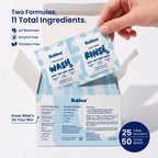 A hand lifts a Bubbez WASH and RINSE twin sachet from an open 25 count box. The box panel lists the full ingredients for both formulas alongside the how to use steps. Headline reads Two Formulas. 11 Total Ingredients, with pH Balanced, Alcohol Free and Paraben Free icons and a 25 twin sachets, 50 total wipes badge.