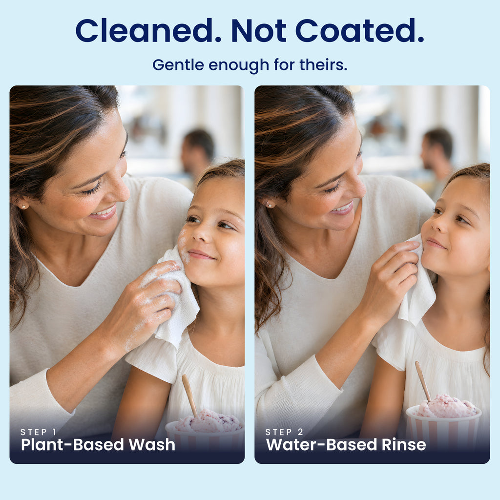 Two panels at an outdoor table. A mother uses the Bubbez WASH wipe on her daughters face, then the RINSE wipe on her daughter's face. Headline reads Cleaned. Not Coated. Gentle enough for theirs. Steps labelled Plant-Based Wash and Water-Based Rinse.