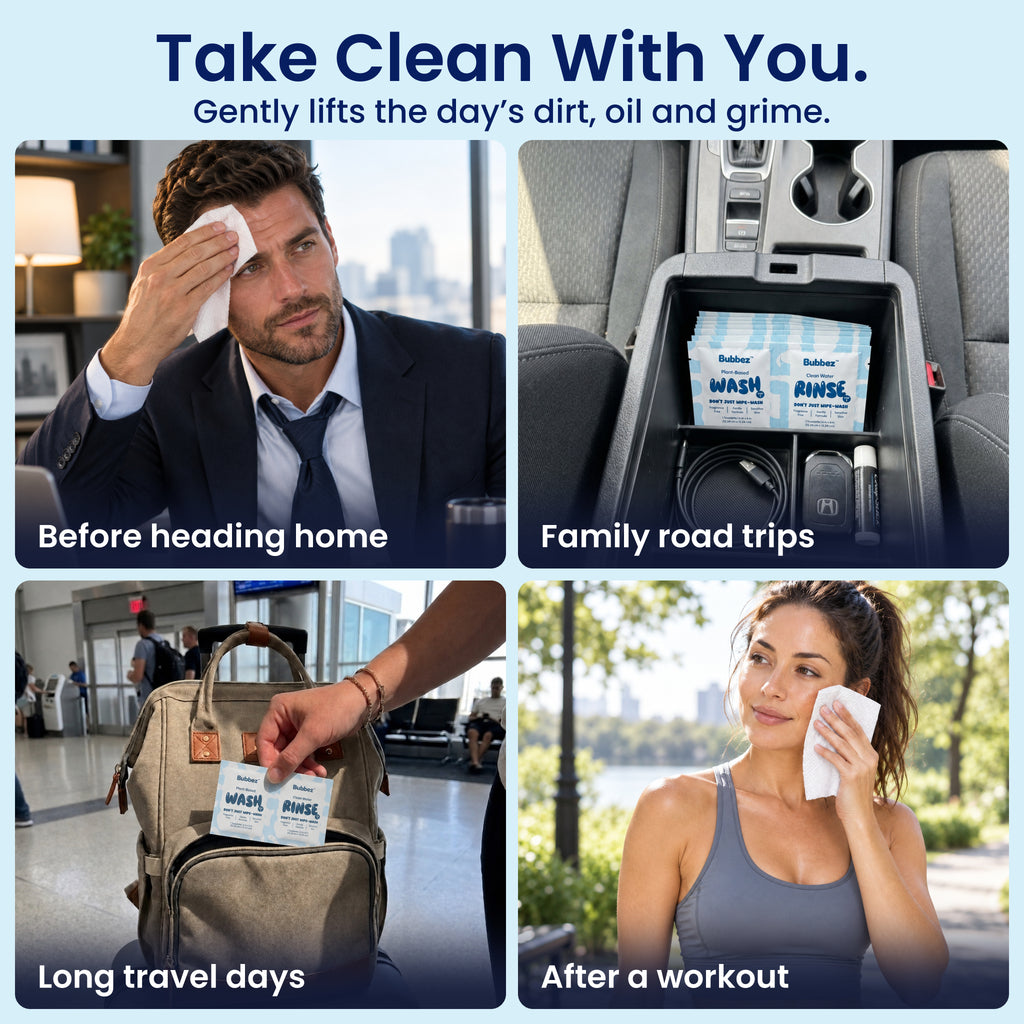 Four scenes using Bubbez facial cleansing wipes. A man in a suit wipes his forehead before heading home, twin sachets sit in a car centre console, a sachet is pulled from a backpack at an airport, and a woman wipes her face after a workout. Headline reads Take Clean With You. Gently lifts the day's dirt, oil and grime.