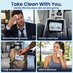 Four scenes using Bubbez facial cleansing wipes. A man in a suit wipes his forehead before heading home, twin sachets sit in a car centre console, a sachet is pulled from a backpack at an airport, and a woman wipes her face after a workout. Headline reads Take Clean With You. Gently lifts the day's dirt, oil and grime.