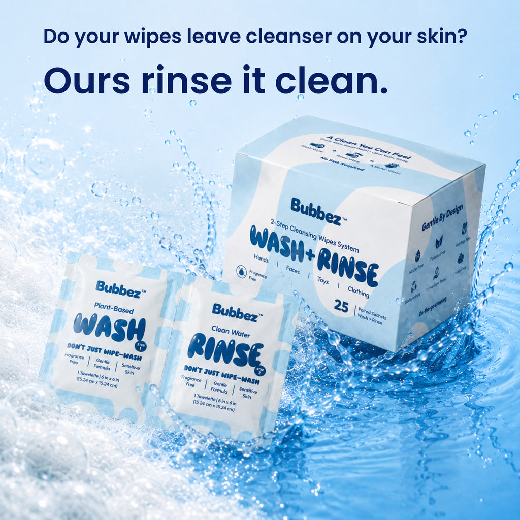 A Bubbez 25 count box and a WASH and RINSE twin sachet splashing into clear water. Headline reads Do your wipes leave cleanser on your skin? Ours rinse it clean.
