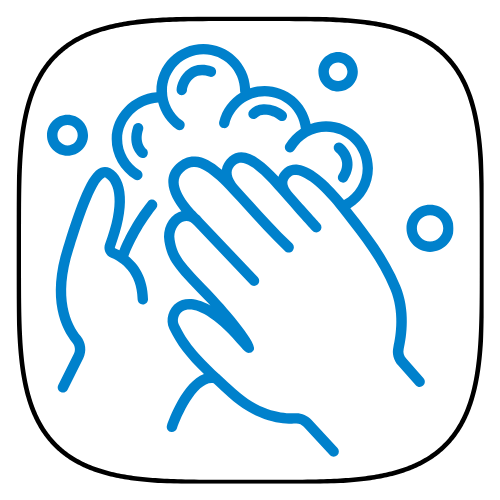 Blue icon of hands washing with bubbles on a white background