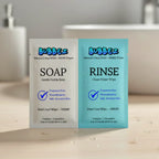 Bubbez Soap and Rinse Wipes packaging on a bathroom counter.