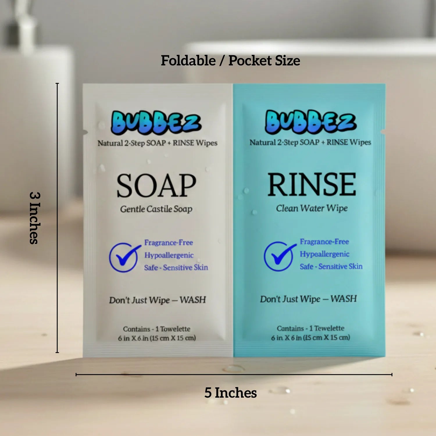 Bubbez soap and rinse wipes packaging with dimensions on a neutral background