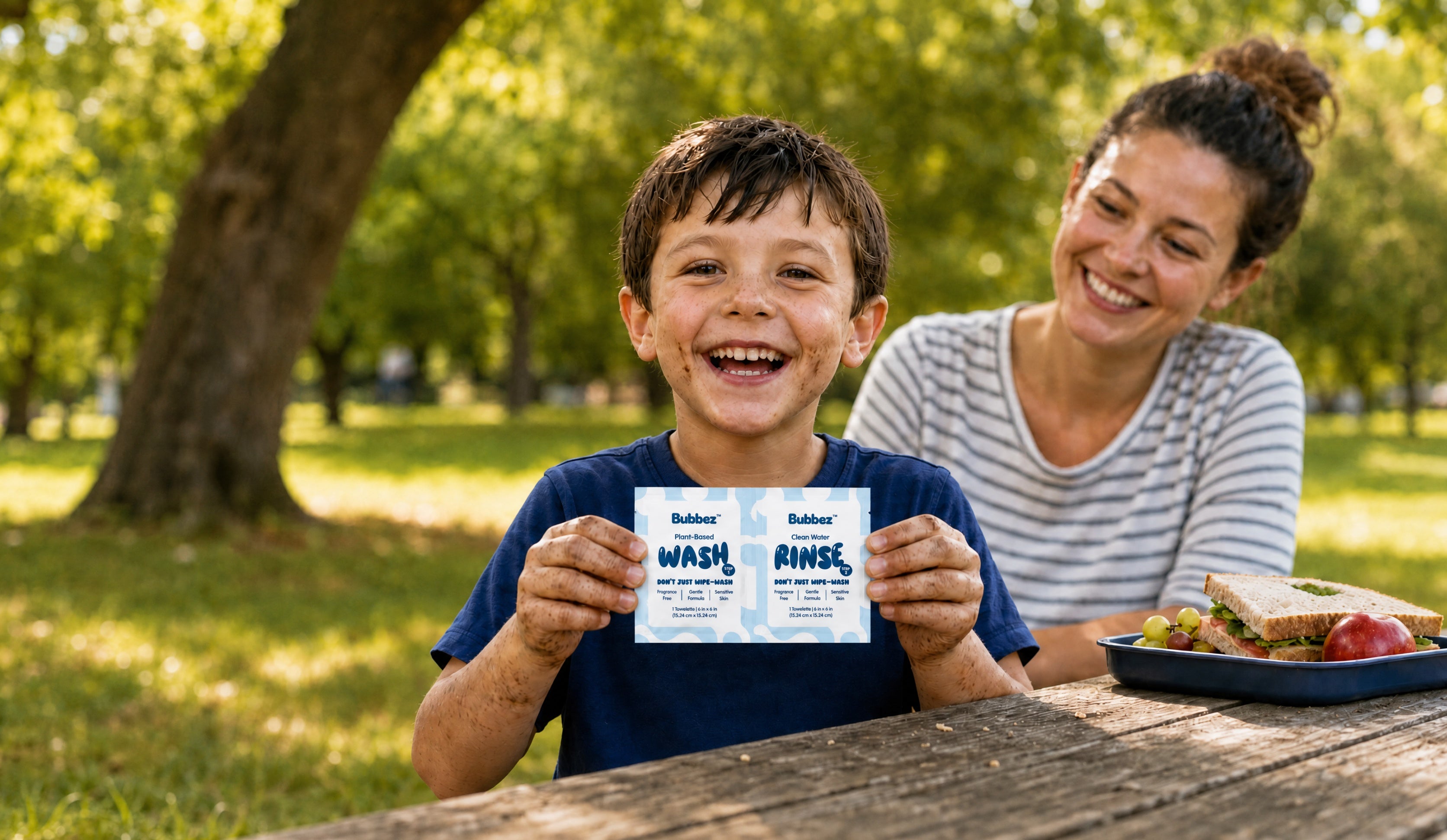 Child holding Bubbez Wash and Rinse Twin Sachet with mom outisde