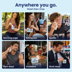 Six scenes using Bubbez wipes. Morning yoga, eating out with a toddler, after a football game, gym days, an outdoor campfire and a work day commute. Headline reads Anywhere you go. Wash then rinse.