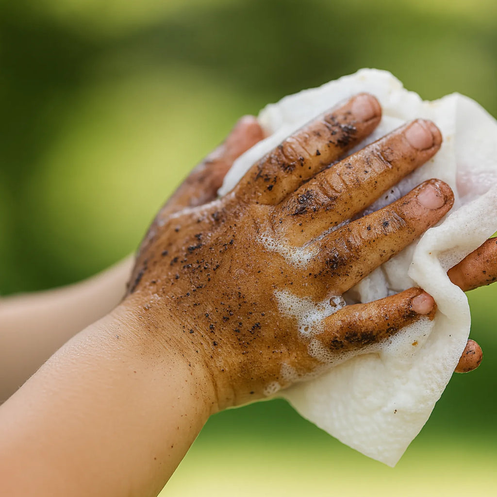 Hand with dirt being cleaned by a bubbez soap wipe against a green background
