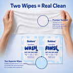 Bubbez wash and rinse twin sachet with the premium textured wet wipe being shown held by two hands. Two Wipes = Real Clean and product details.