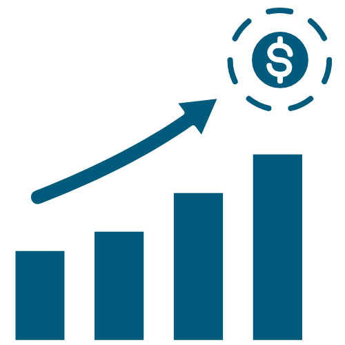 Blue bar chart with an upward arrow and a dollar sign icon on a white background
