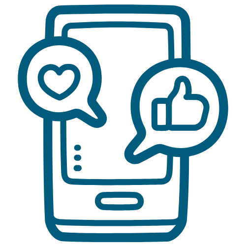 Blue icon of a smartphone with speech bubbles containing heart and thumbs-up symbols on a white background