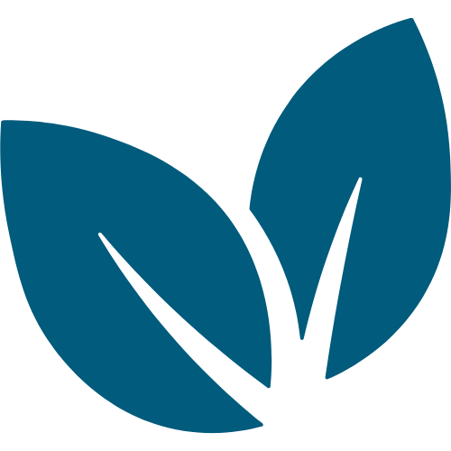 Blue leaf logo on a white background