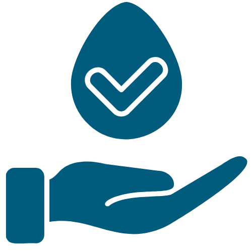 Blue icon of a hand holding a droplet with a checkmark inside, on a white background