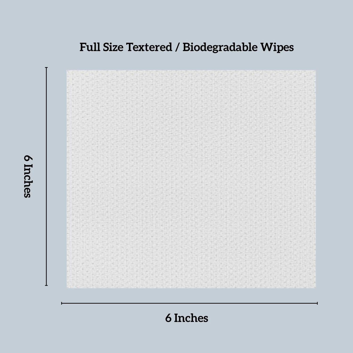 Textured biodegradable wipe with dimensions on a light blue background