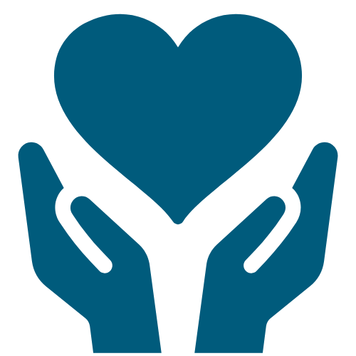 Blue icon of two hands holding a heart on a white background