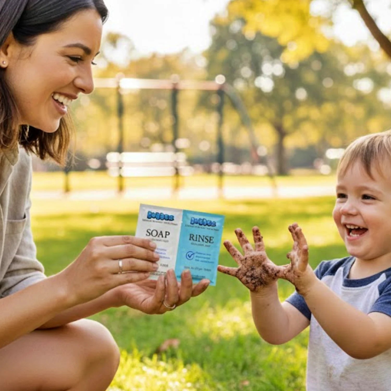 A mother and child with bubbez duo wipe travel packs