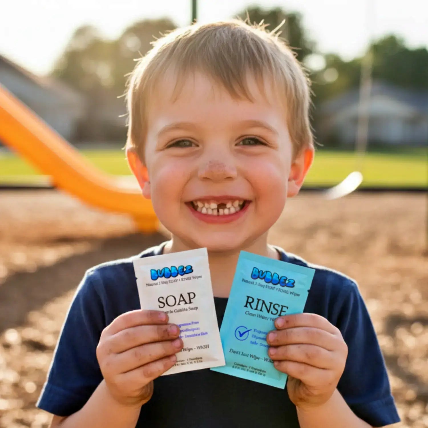 Child holding soap and rinse packets outdoors with playground equipment in the background