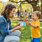 Hand holding Bubbez soap and rinse wipes over a green backpack on an airplane.