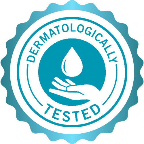 Dermatologically tested logo with a hand holding a droplet on a white background