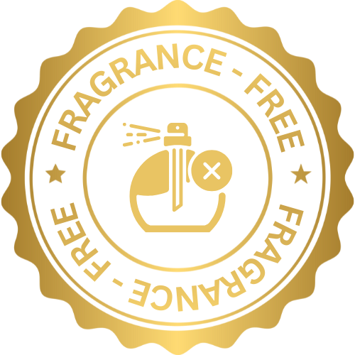 Gold emblem with 'Fragrance-Free' text and a perfume bottle icon on a white background