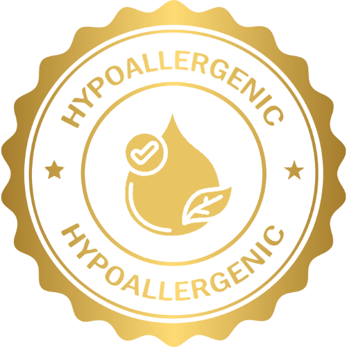 Hypoallergenic badge with gold border and central icon on a white background