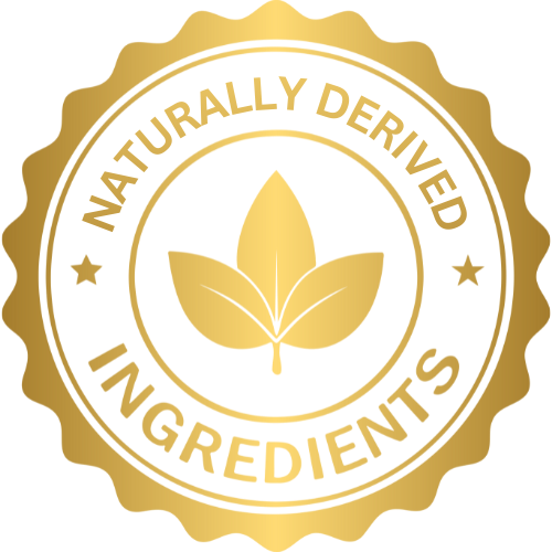 Gold emblem with 'Naturally Derived Ingredients' text and a leaf symbol on a white background