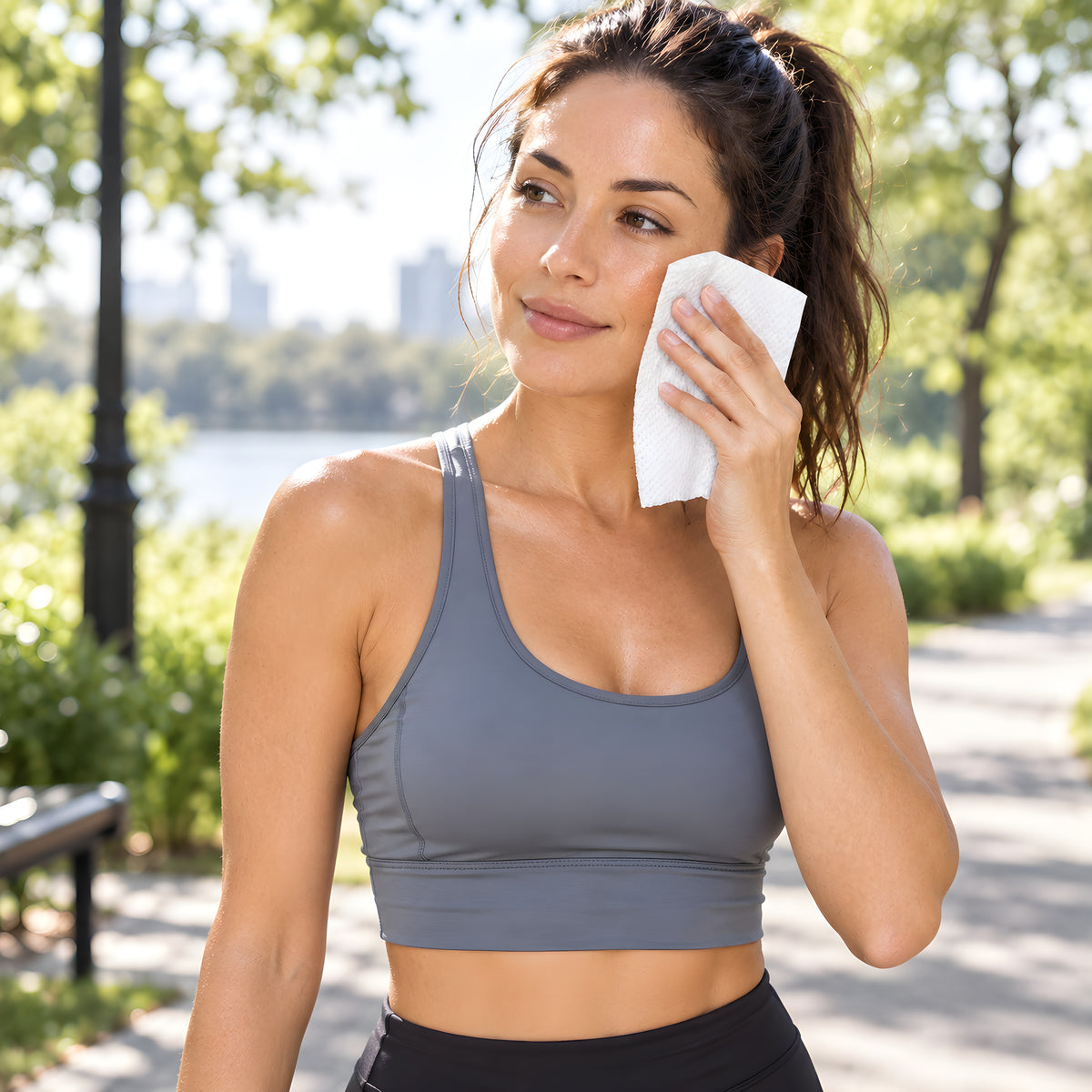 A woman in grey workout gear wipes her cheek with a Bubbez wipe on a lakeside path after a run.