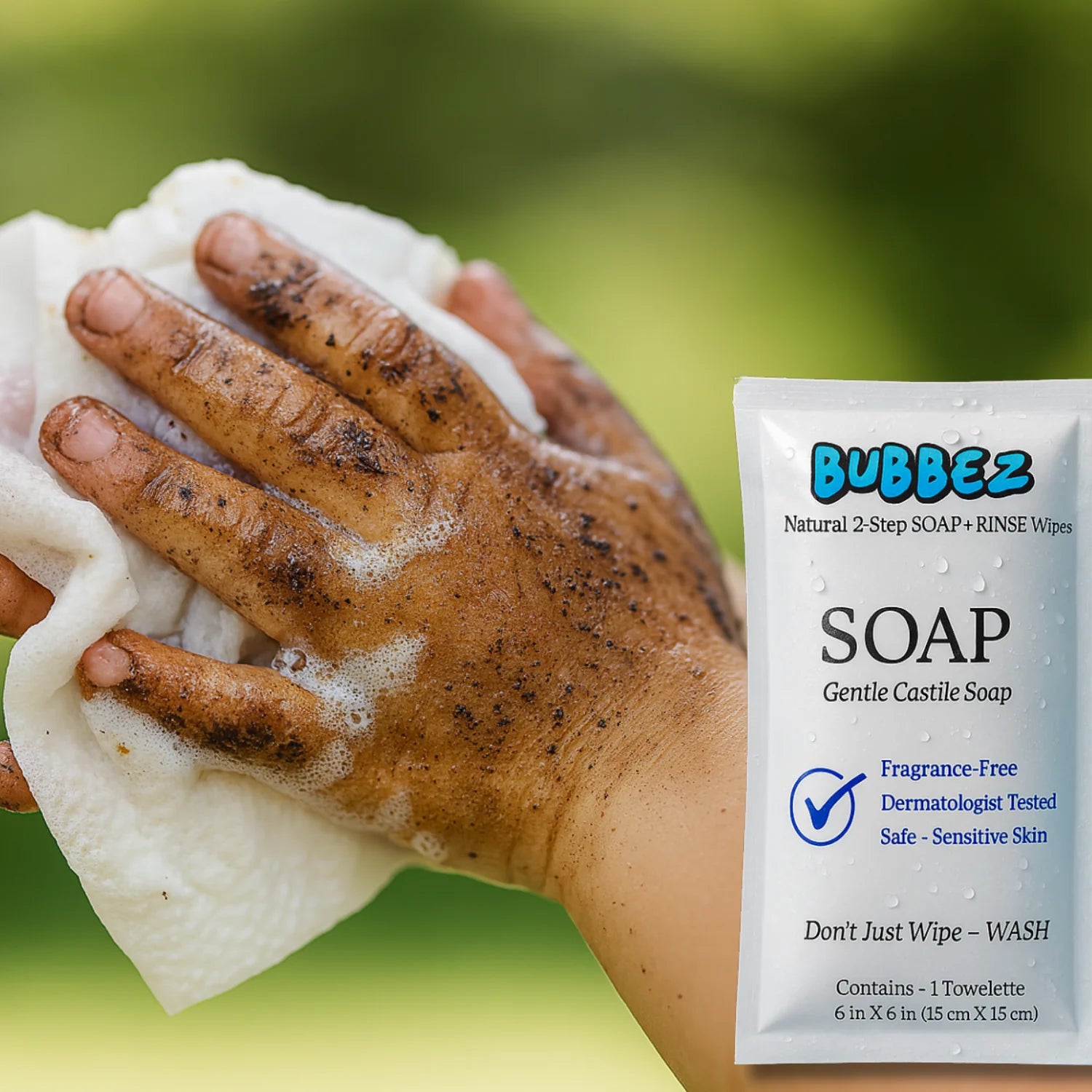 Child using Bubbez Soap Wipe on hands
