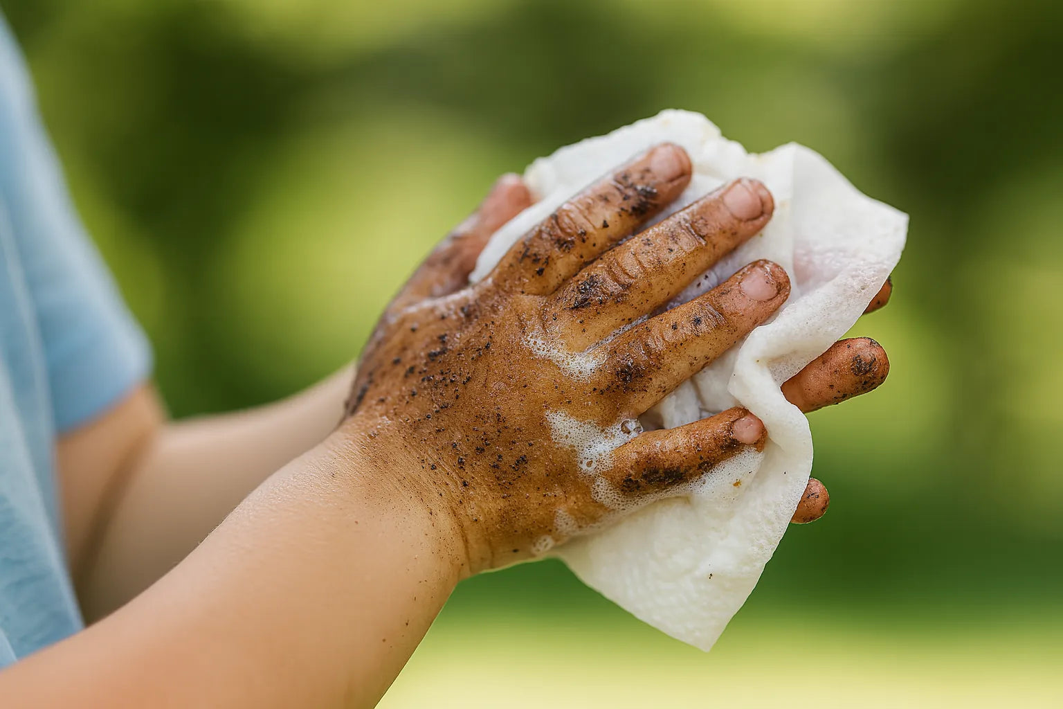 Hand with dirt and soap suds cleaning a white cloth against a blurred green background