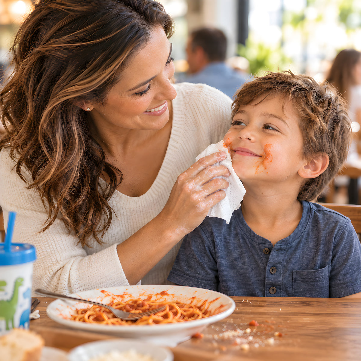 A mother wipes her young son's sauce covered cheek with a Bubbez wipe at a cafe table, a plate of spaghetti in front of them.