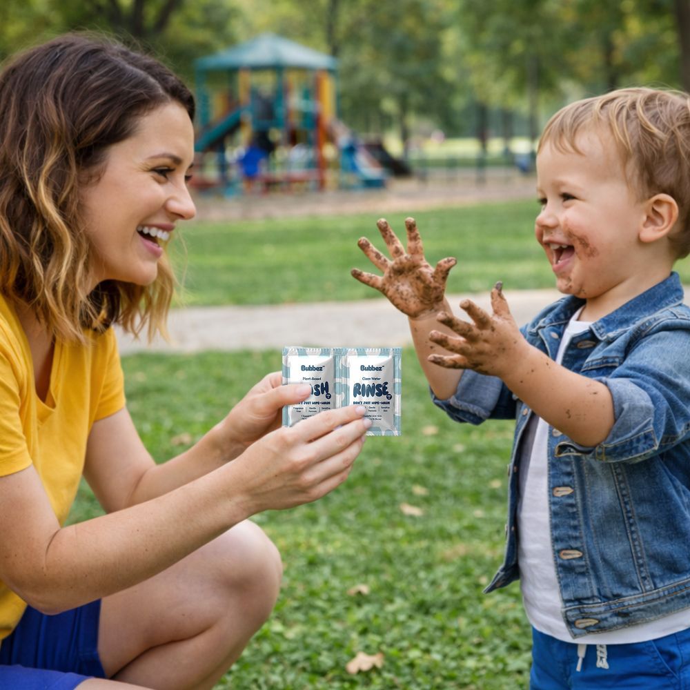 Woman and child in a park with two containers of a product.