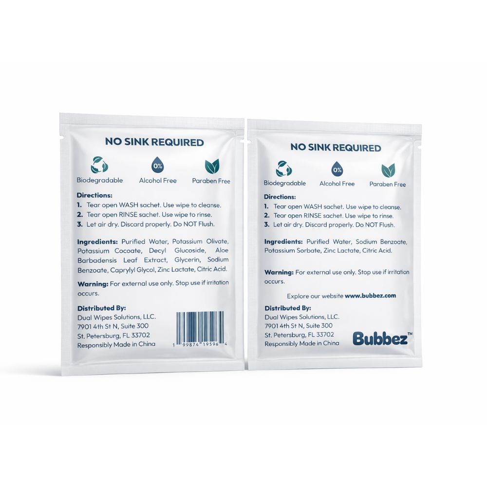 Two packages of Bubbez dual wipes on a white background