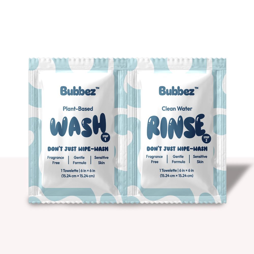 Two Bubbez product packages labeled 'Wash' and 'Rinse' on a white background.